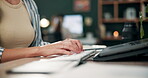 Typing, keyboard and woman hands at desk in office, writing and news report or work deadline. Technology, laptop or internet for journalist and female person, copywriting or review for online article