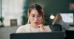 Woman, journalist and thinking with computer at work in research for deadline in office for company or business. Female person, tech and concentration for project, target or goal in workplace for job