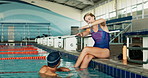 Coach, pool and athlete stroke technique, exercise and fitness for professional. Water, swimming and cardio for workout and male person, lesson and class for competition preparation or practice
