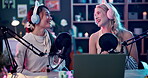 Content creator, microphone and livestream for social media, video and dance for online app or network. Woman, gen z and laptop for production, website and internet technology for film or podcast