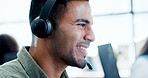 Happy man, consultant and call center with headphones for customer service, support or telemarketing at office. Male person, employee or young agent with smile for online advice, help or assistance