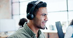Happy man, consultant and call center with headphones for telemarketing, customer service or support at office. Male person, employee or young agent with smile for online advice, help or assistance