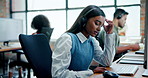 Frustrated woman, consultant and call center with headache in stress, anxiety or mental health at office. Tired female person or agent with headphones, migraine or strain from pressure or burnout