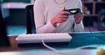 Girl, hands and gaming with controller at night for console entertainment, video games or esports at home. Closeup of female person or gamer playing late on desk for online competition or tournament