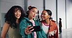 Pout, selfie and women friends or students on college or university campus together for education. App, face and smile with profile picture of happy young people for social media or status update