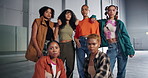 Serious group, confidence and friends for fashion in hall with style inspiration, funky clothes and streetwear. Gen z, portrait and teen girls for unique clothing with solidarity, diversity and swag