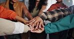 Hands, diversity and dancer women for teamwork, support or motivation in dance studio. Collaboration, performer and young friends in huddle for competition, practice routine or united performance