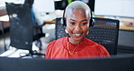 Black woman, consultant and call center with headphones for telemarketing or customer service at office. Happy African, female person or agent with smile for online advice, help or support at agency