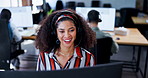 Happy woman, consultant and call center with headphones in tech support, customer service or telemarketing at office. Female person, employee or agent with smile on computer for online advice or help