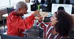 Fist bump, computer and business people with celebration, women and excited with achievement. Staff, coworkers and friends with pc, emotion or bonus with victory, winning and promotion with good news