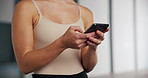 Woman, ballet and smartphone for communication, texting and chatting before competition on social media. Female person or dancer and mobile for conversation, contact and support on break in studio