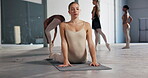 Dancer, stretch and practice for performance, training with flexibility prepare and technique. Woman, ballet artist and creative motion for theatre art, dedication and routine for stage competition