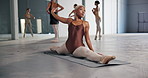 Dancer, stretch and routine for performance, training with flexibility practice and technique. Woman, ballet artist and creative motion for theatre art, dedication and prepare for stage competition