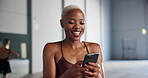 Ballet, dancer and smartphone or woman in studio, texting and typing happy for social media update on rehearsal. Networking, communication and online blog for dance post, break and smile on tech app