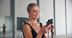 Happy woman, ballet and smartphone for communication, texting and searching before competition on social media. Female ballerina and mobile with surprise and concern for team on break in dance studio