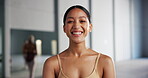 Face, dance and smile with ballerina black girl in studio at practice or rehearsal for art or creative. Ballet, performance and portrait of student dancer in class for professional theater training