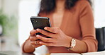 Hands, phone and business woman typing in office for research, networking or writing email in creative startup. Smartphone, scroll and closeup of professional on social media, chat or writer online