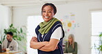 Creative, african woman and face in office happy for work as event planner for company or agency and confident for new job. Girl, portrait and arms crossed in designer business and project management