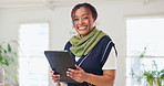 Happy woman, creative and designer with tablet in confidence for productivity or research at office. Portrait of female person or young employee with smile for technology, data or design in startup