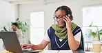 Business, phone call and woman with laptop in office for conversation, proposal review or feedback. Interior designer, communication and talk on mobile for information, discussion or planning meeting