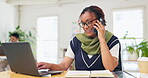 Business, phone call and woman with laptop at desk for conversation, proposal review or feedback. Interior designer, communication and talk on mobile for information, discussion or planning meeting