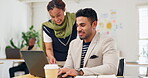 Business, woman manager and man with laptop at desk for proposal review, advice or discussion in office. Interior design, teamwork and colleagues for collaboration, feedback or project development