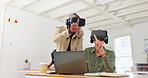 Business people, communication and meeting with vr headset in office for metaverse, innovation or research. Journalist, augmented reality and tech at agency for futuristic, news experience and ux