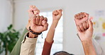 Teamwork, power or fist sign with hands for freedom, diversity and equality in workplace. Collaboration, solidarity and business people as workforce, cooperation and support with trust in office
