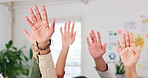 Business people, group and hands raised in support of vote with unity, question and answer in training. Professional, employees and collaboration with audience for feedback, prayer or morning worship