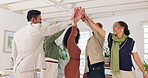 Collaboration, high five and smile with huddle of business people in office for motivation or success. Celebration, meeting or team building with man and woman employee group in workplace for goals