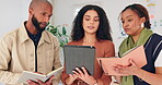 Tablet, business and people with notebook in office for discussion of planning, ideas and teamwork for project proposal. Staff, notes and collaboration in meeting for training, coaching and research
