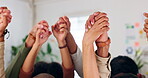 Business people, group and hands together in unity for team building in office with support or solidarity. Collaboration, employees and palms up with praying in workplace for motivation and community