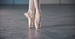 Closeup, ballerina and legs in ballet shoes with feet in dancing at studio for performance or show in zoom for practice. Woman, dancer and artist in class or stage in creative with pointe in exercise