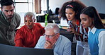 Laptop, teamwork and business people waiting for news for client email, feedback and notification. Creative startup, collaboration and men and women on computer for internet, website and networking