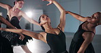 Ballet, art and team of women dancing in class together for creative performance, energy and choreography. Ballerina artist, group and girls exercise, training and moving to practice action in studio