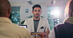 Business people, businessman and document in meeting for proposal with discussion, project and happy in office. Professional, employees and paperwork for b2b partnership deal, feedback or negotiation