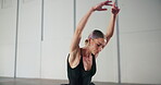 Women, ballerina and training for recital in studio for preparation of performance with elegance. Talent, skill and synergy with contemporary dance with professional ability for competition in France