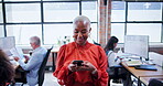 Office, black woman and happy with phone at work for communication, network and market research. Smile, female person and walking with smartphone at agency for advertising, feedback and creative plan