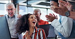 Group, computer and business people with celebration, high five and feedback with emotion, email for approval and excited. Success, employees and consultant with pc, achievement and positive review