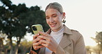 Cellphone, texting and woman outside for commute to work, sunrise and communication online. Smartphone, mobile or virtual conversation for travel, professional and social media or networking in road