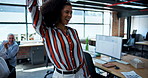 Happy woman, dancing and team with energy at office for motivation or energetic agency. Female person or excited employee enjoying music, winning or celebration for break with group at workplace