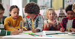 Children, table and drawing on paper in classroom, creative activity and learning colors at school. Kids, students and diversity childcare for education, art and together for knowledge in playroom