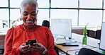 Business, black woman or laughing with phone in office for funny text message or social media meme. Professional, employee and happy with smartphone in workplace for mobile chat, notification or joke