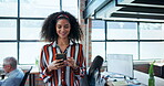 Office, woman and smile with phone at work for communication, networking and market research. Happy, female person and walking with smartphone at agency for advertising, creative planning or feedback