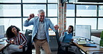 Dance, happy and business mature man in office to celebrate success, promotion and job opportunity. Professional, creative agency and excited worker with good news, winning and achievement for career