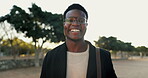 Portrait, black man and smile for commute to work, professional and travel to office. Face, morning and businessman with eyewear for law firm attorney, employee and happy with confidence and glasses