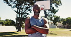 Portrait, smile and black man on court, basketball and fitness for outside workout. Happy, face and sports for mature athlete person, training and crossed arms in park for hobby and cardio exercise 