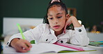 Girl, home and homework with book and pen in bedroom, child and student writing and studying or learning. Childhood, development and growth or school assessment, workbook or education for knowledge