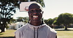 Portrait, smile and black man on court, basketball and fitness for outside workout. Happy, face and sports for athlete male person, training and laugh in park for hobby and cardio exercise for health