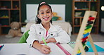 Face, child or girl writing in home for education, homework and learning with smile. Studying kid, notebook and pen in house for numbers, childhood development and maths on table with commitment